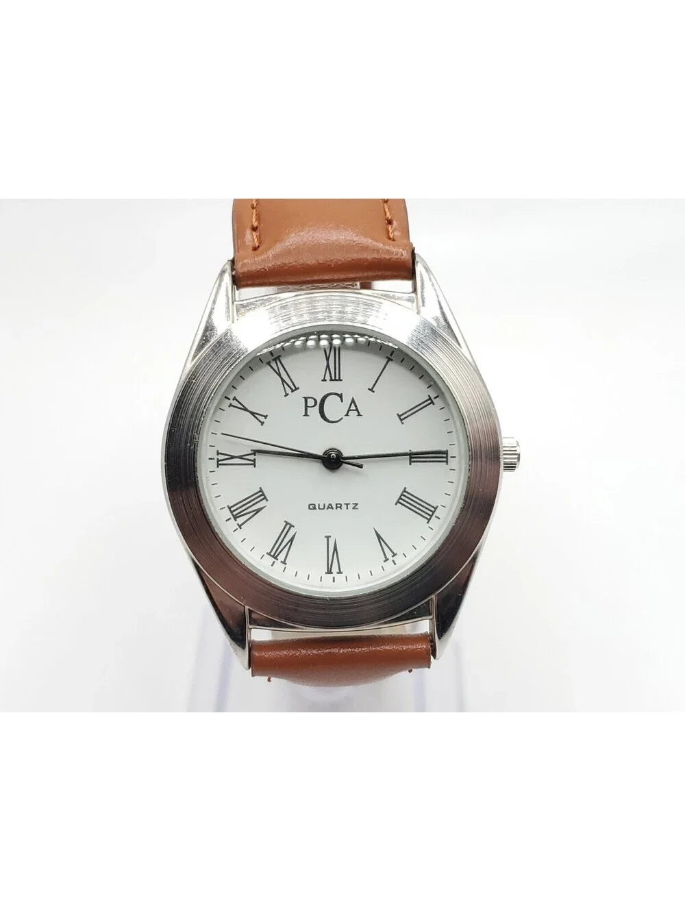 PCA Wristwatch Brown Leather Band Analog Quartz Wrist Watch New Battery 34mm